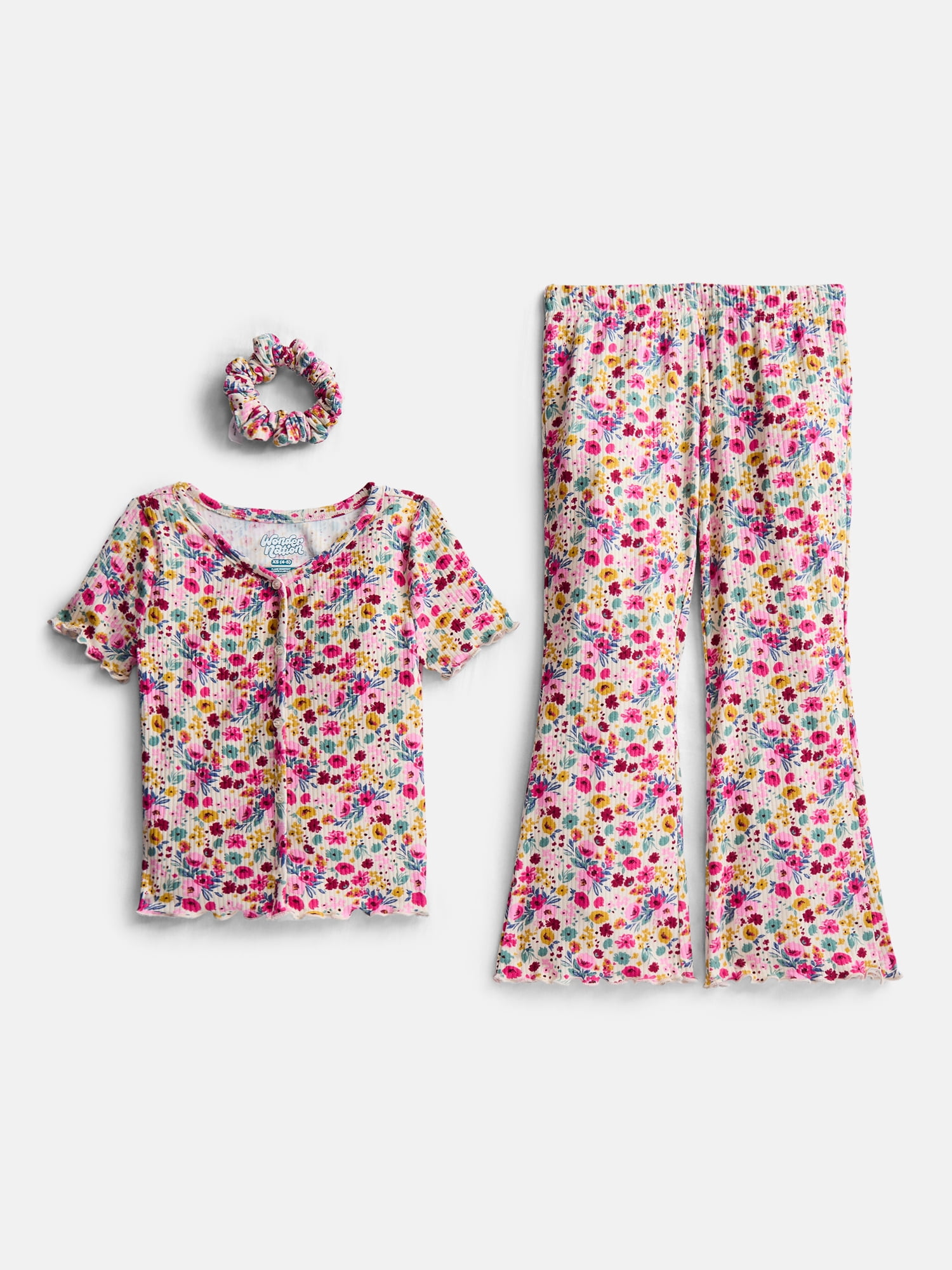Wonder Nation Girls Ribbed Top and Pants Pajama Set with Scrunchie, 2 Piece, Sizes 4-18