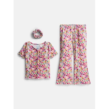 Wonder Nation Girls Ribbed Top and Pants Pajama Set with Scrunchie, 2 Piece, Sizes 4-18