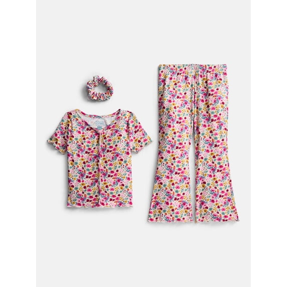 Wonder Nation Girls Ribbed Top and Pants Pajama Set with Scrunchie, 2 Piece, Sizes 4-18