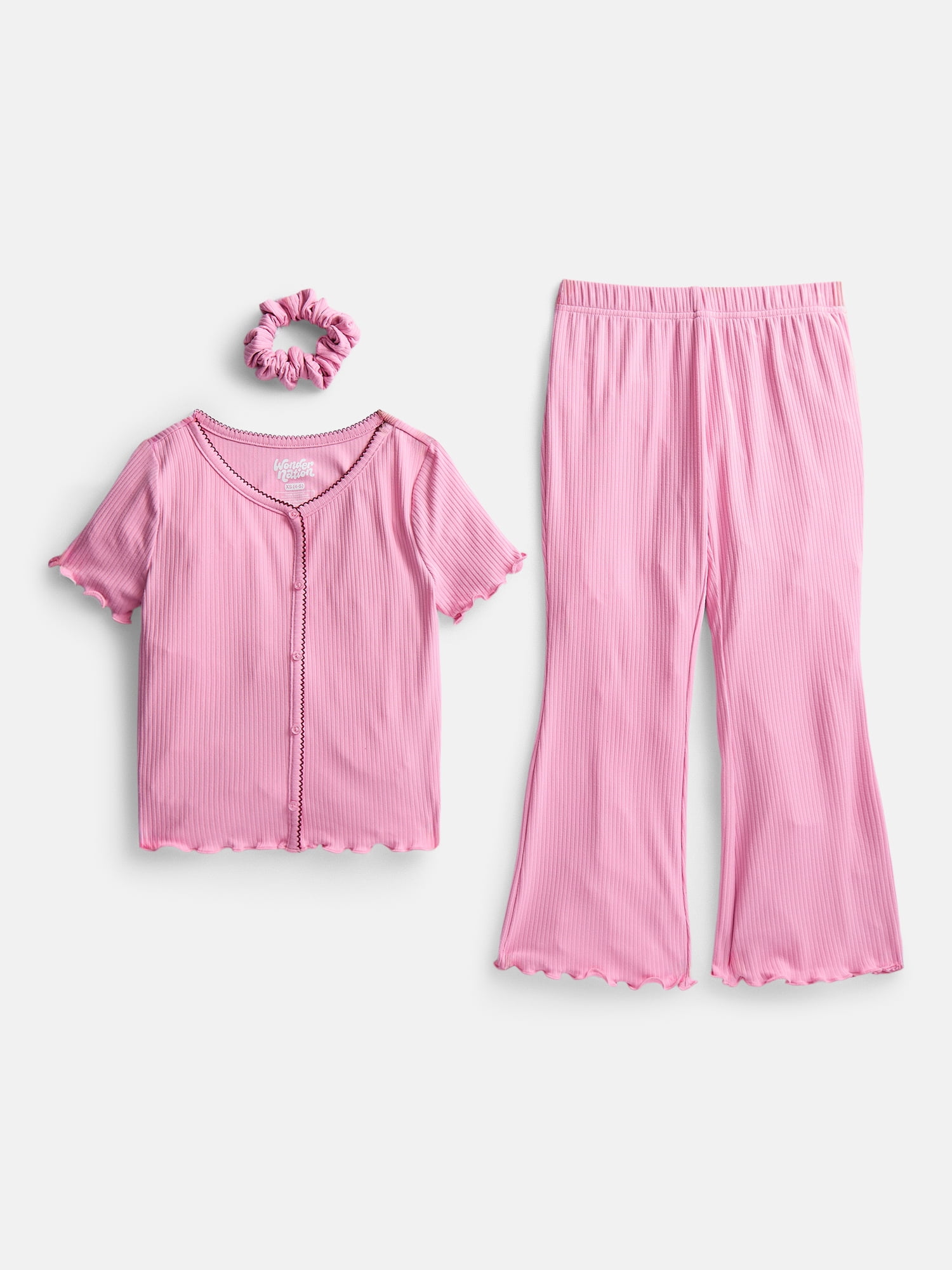 Wonder Nation Girls Ribbed Top and Pants Pajama Set with Scrunchie, 2 Piece, Sizes 4-18