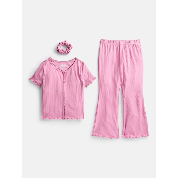 Wonder Nation Girls Ribbed Top and Pants Pajama Set with Scrunchie, 2 Piece, Sizes 4-18