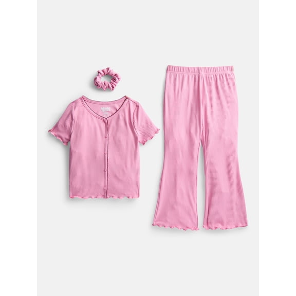 Wonder Nation Girls Ribbed Top and Pants Pajama Set with Scrunchie, 2 Piece, Sizes 4-18