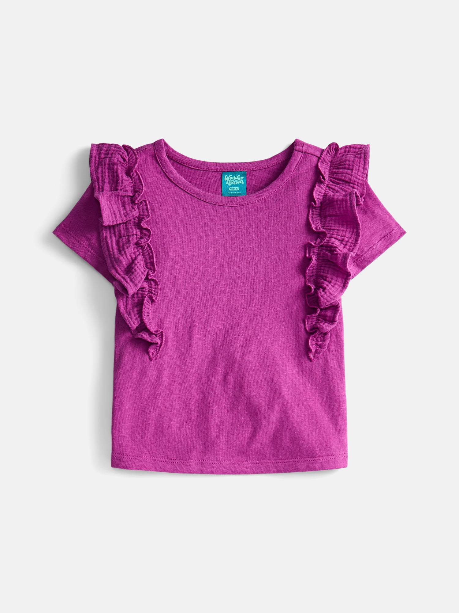Wonder Nation Girls Cotton Top with Ruffle Sleeves, Sizes 4-18 & Plus