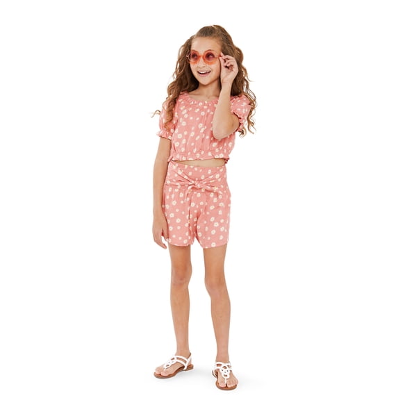 Wonder Nation Girls Short Sleeve Smocked Top & Short Outfit Set, Sizes 4-18 & Plus