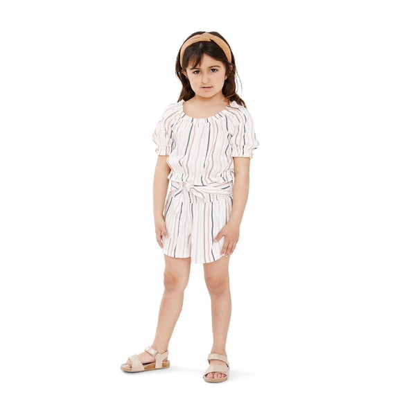 Wonder Nation Girls Short Sleeve Smocked Top & Short Outfit Set, Sizes 4-18 & Plus