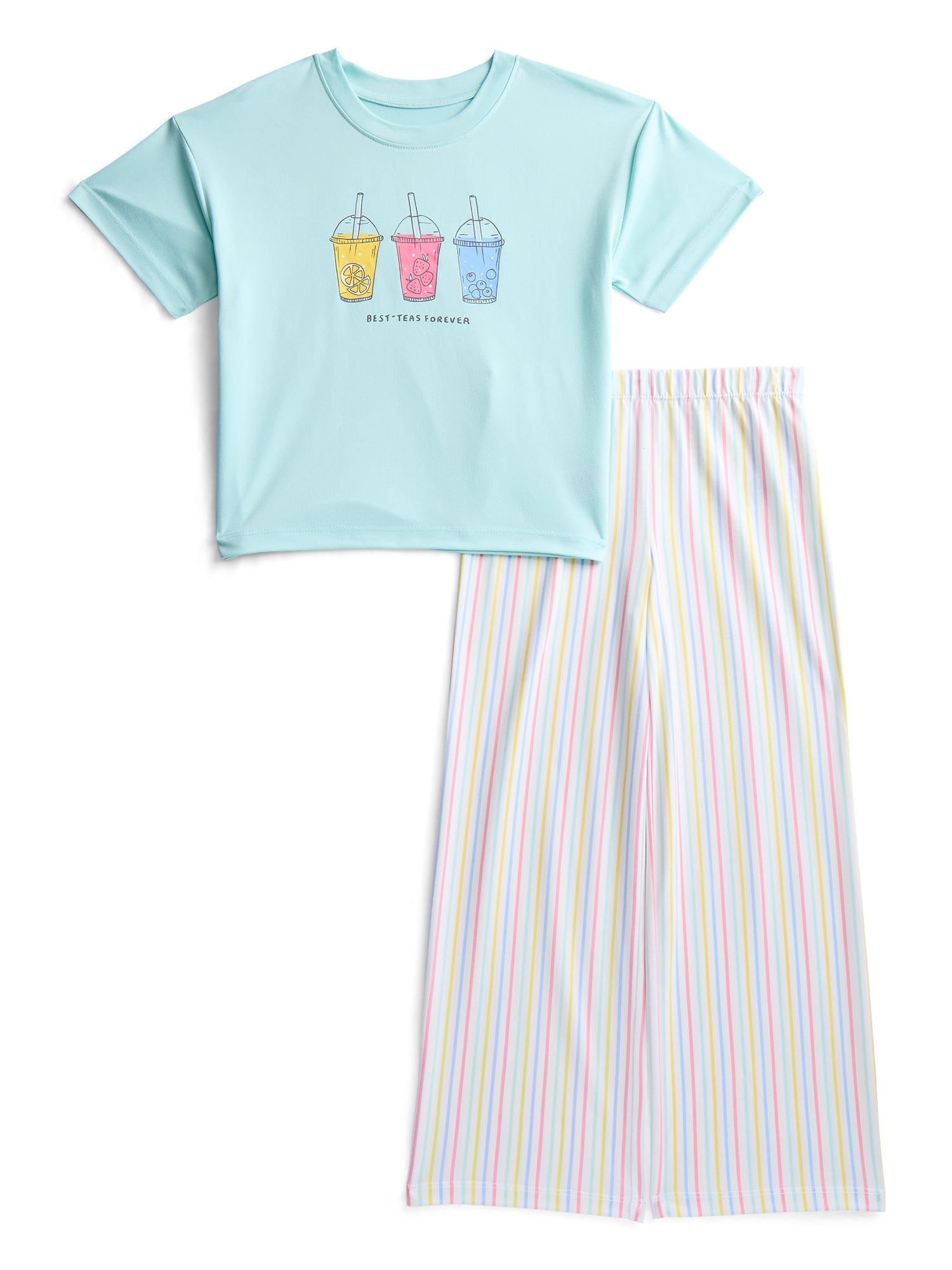 Wonder Nation Girls Short Sleeve Tee and Pants Pajama Set, 2-Piece, Sizes 4-18