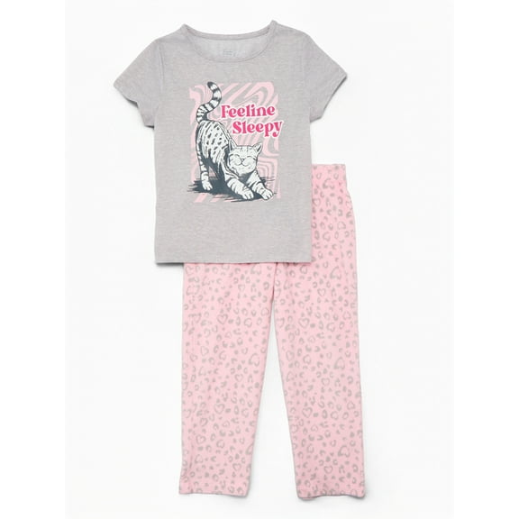 Wonder Nation Girls Short Sleeve Tee and Pants Pajama Set, 2-Piece, Sizes 4-18 Plus