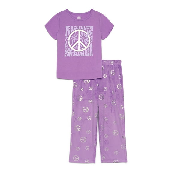 Wonder Nation Girls Short Sleeve Tee and Pants Pajama Set, 2-Piece, Sizes 4-18 Plus