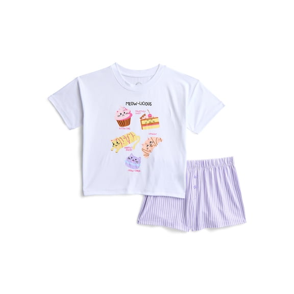 Wonder Nation Girls Short Sleeve Tee and Shorts Pajama Set, 2-Piece, Sizes 4-18
