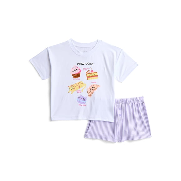 Wonder Nation Girls Short Sleeve Tee and Shorts Pajama Set, 2-Piece, Sizes 4-18