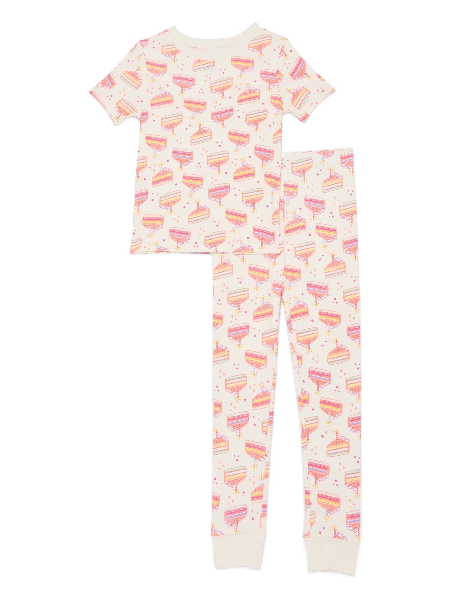 Wonder Nation Girls' Cotton Short Sleeve Top and Pants Tight Fit Birthday Pajamas Set, 2-Piece, Sizes 4-10