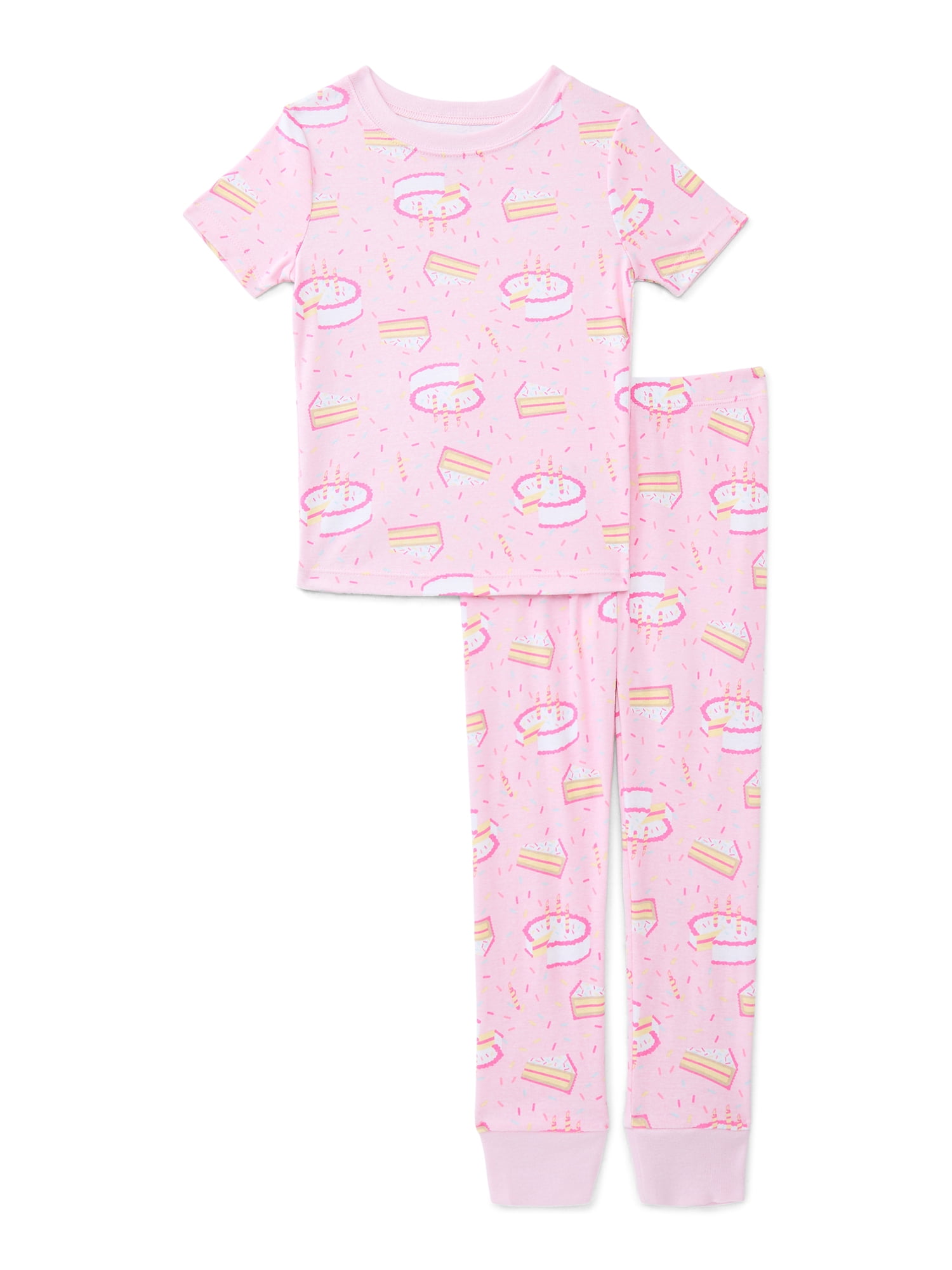 Wonder Nation Girls' Cotton Short Sleeve Top and Pants Tight Fit Birthday Pajamas Set, 2-Piece, Sizes 4-10