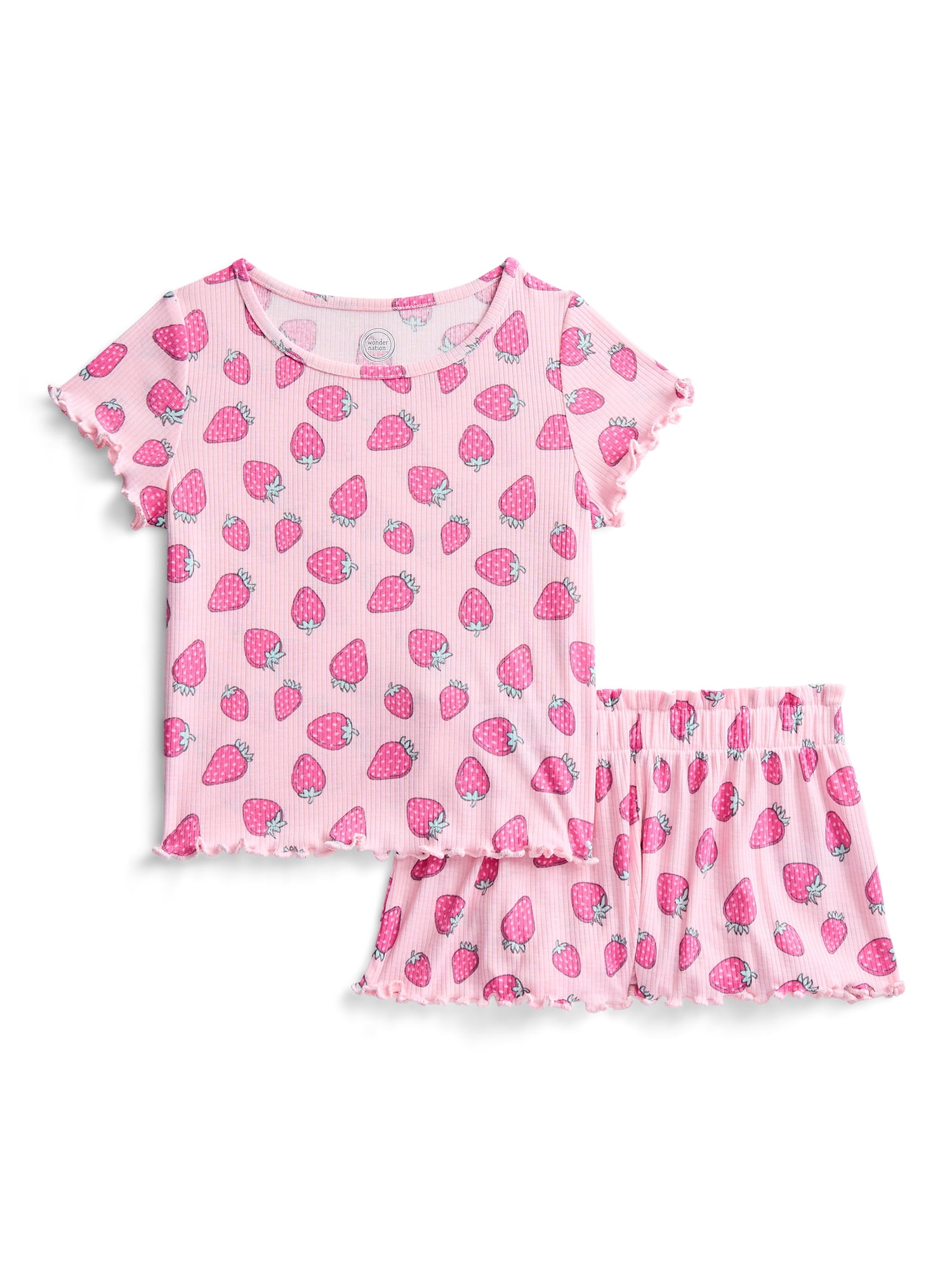 Wonder Nation Girls Ribbed Short Sleeve Top and Shorts Pajama Set, 2-Piece, Sizes 4-18