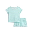 thumbnail image 1 of Wonder Nation Girls Ribbed Short Sleeve Top and Shorts Pajama Set, 2-Piece, Sizes 4-18, 1 of 3