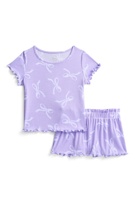 Girls Ribbed Short Sleeve Top and Shorts Pajama Set, 2-Piece, Sizes 4-18