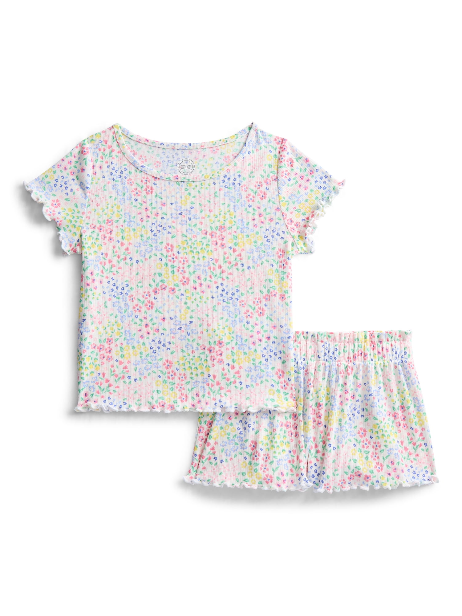 Girls Ribbed Short Sleeve Top and Shorts Pajama Set, 2-Piece, Sizes 4-18