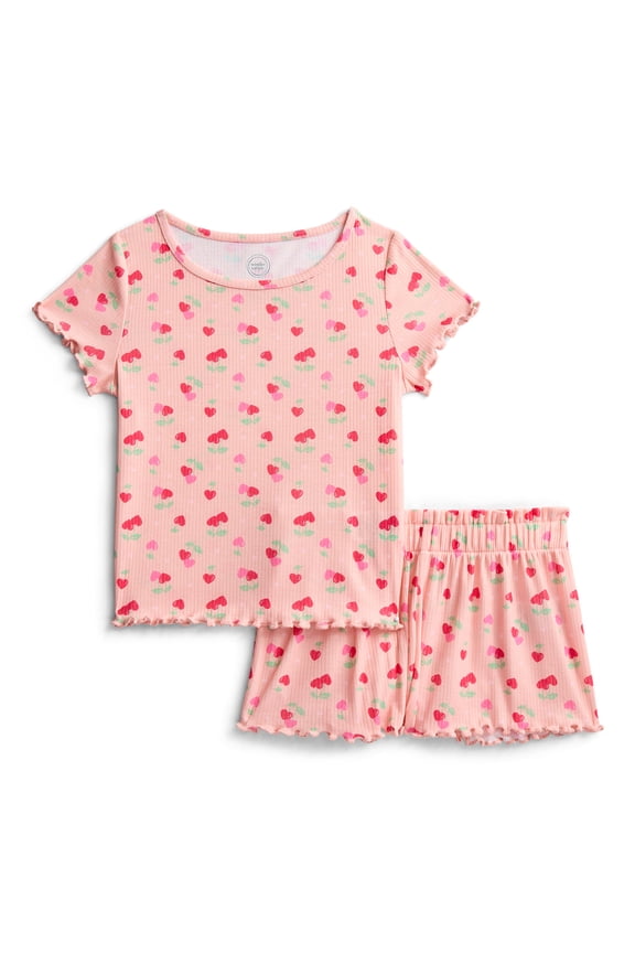 Girls Ribbed Short Sleeve Top and Shorts Pajama Set, 2-Piece, Sizes 4-18