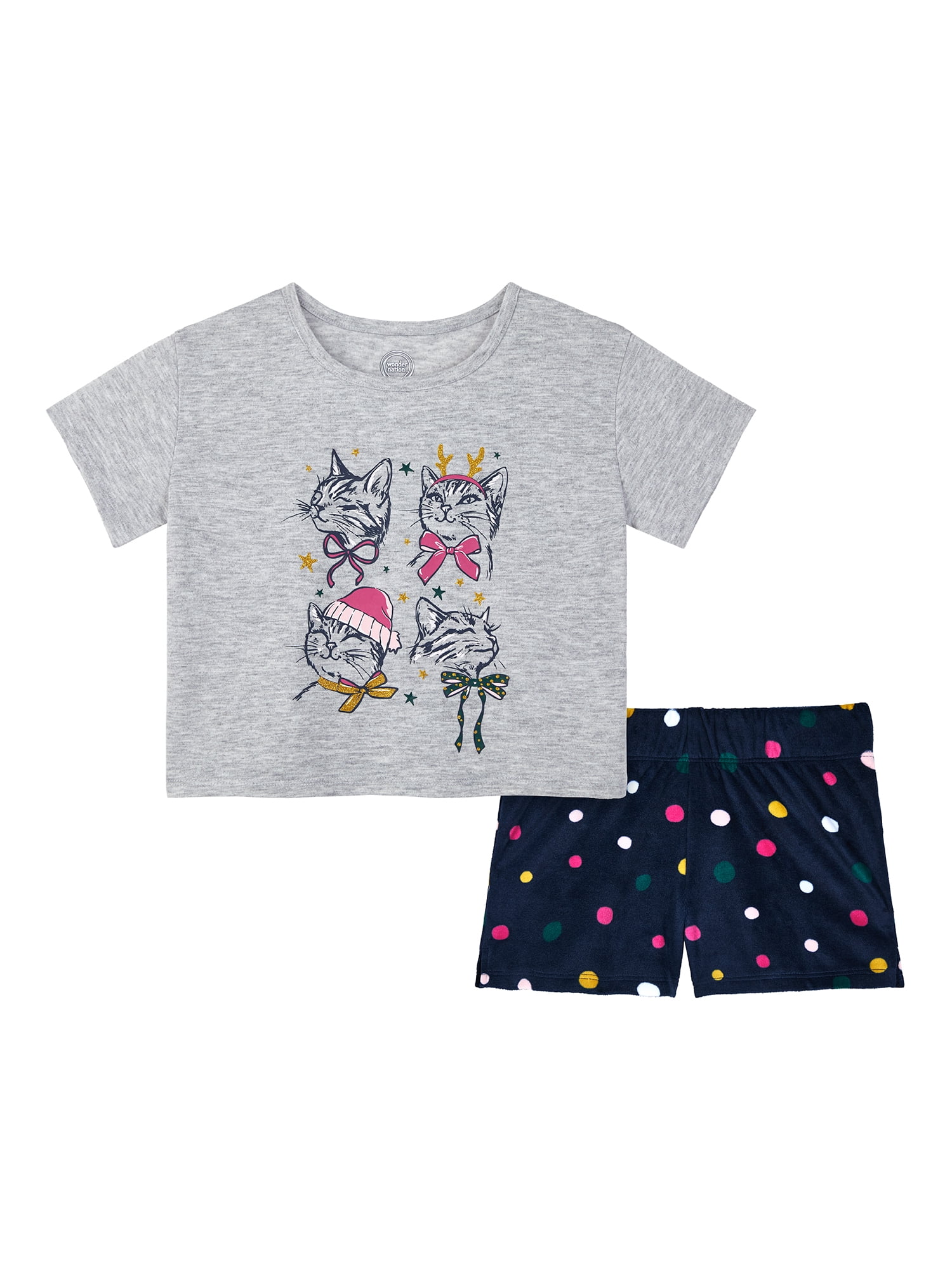 Wonder Nation Girls Short Sleeve Top and Shorts Pajama Set, 2-Piece, Sizes 4-18 & Plus