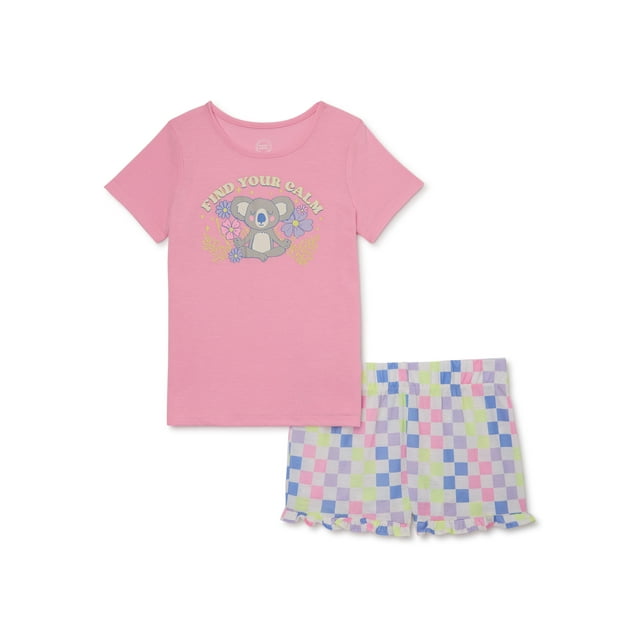 Wonder Nation Girls Short Sleeve Top and Sleep Short Pajama Set, 2-Piece, Sizes 4-18 & Plus