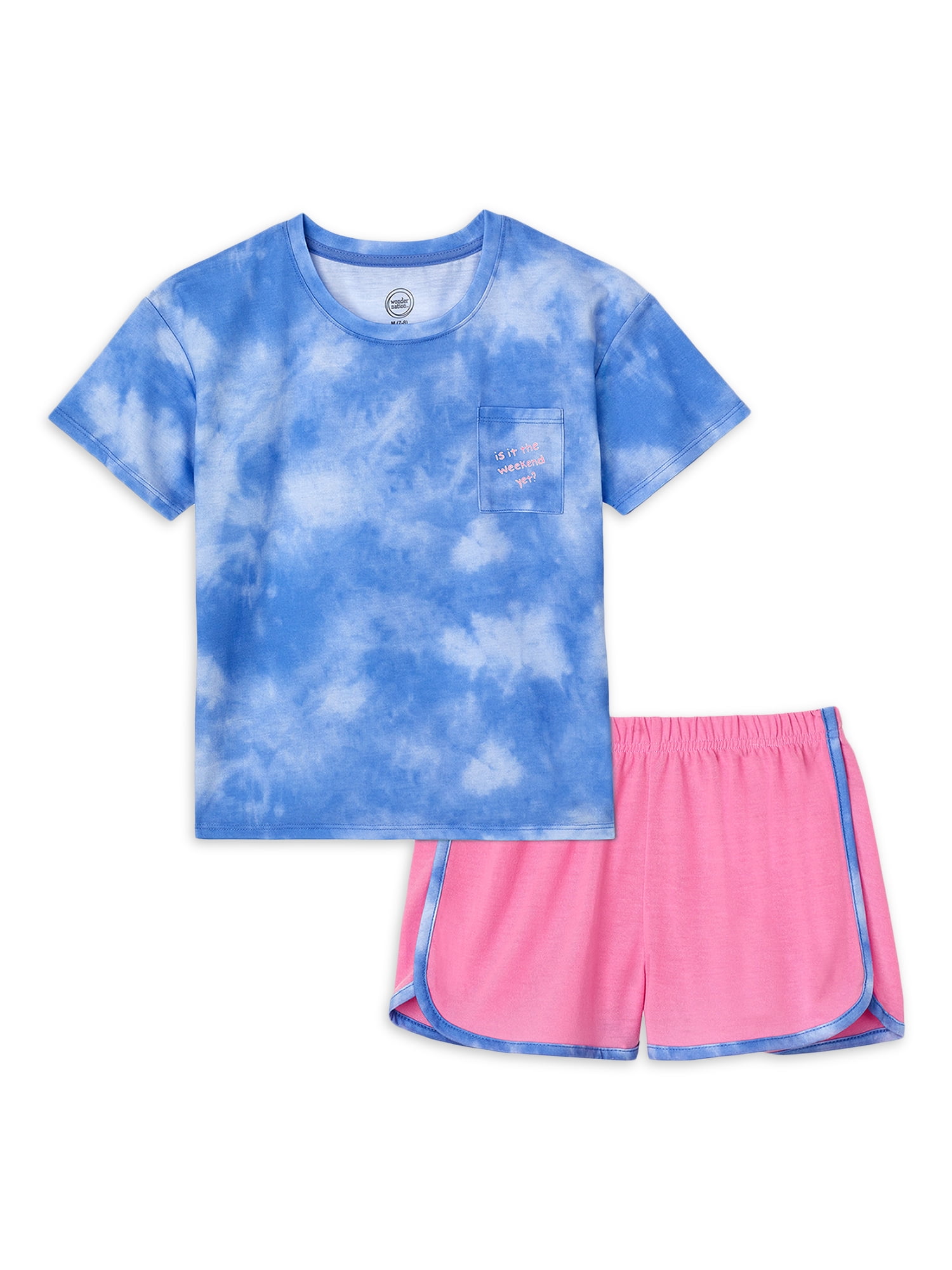 Wonder Nation Girls Short Sleeve Top and Sleep Shorts Pajama Set, 2Piece, Sizes 418 & Plus