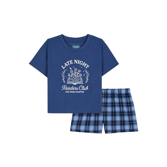 Wonder Nation Girls' Short Sleeve Graphic Tee and Flannel Boxer Short Pajama Set, 2-Piece, Sizes 4-18