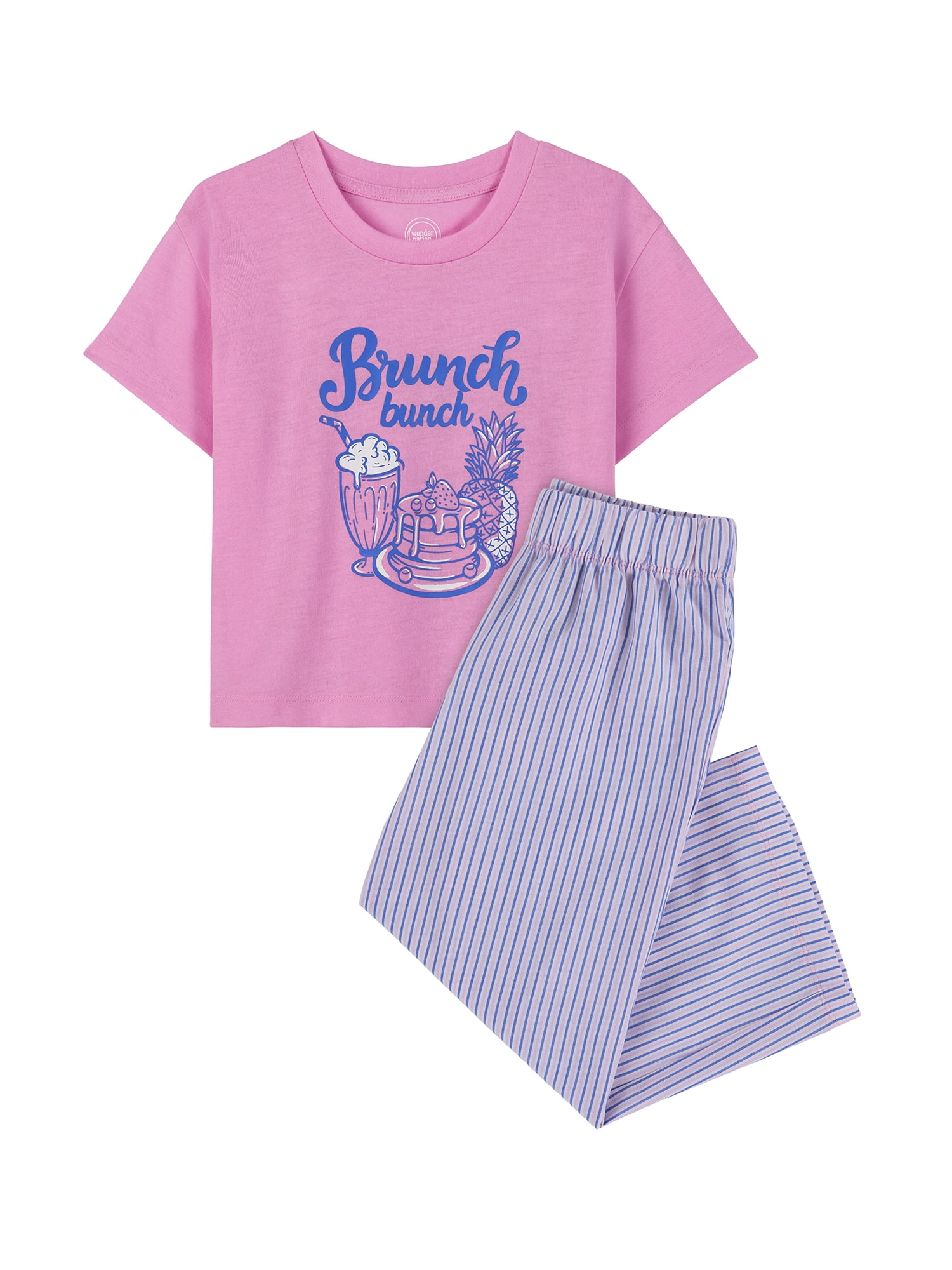 Wonder Nation Girls Short Sleeve Top and Woven Sleep Pant Pajama Set, 2-Piece, Sizes 4-18