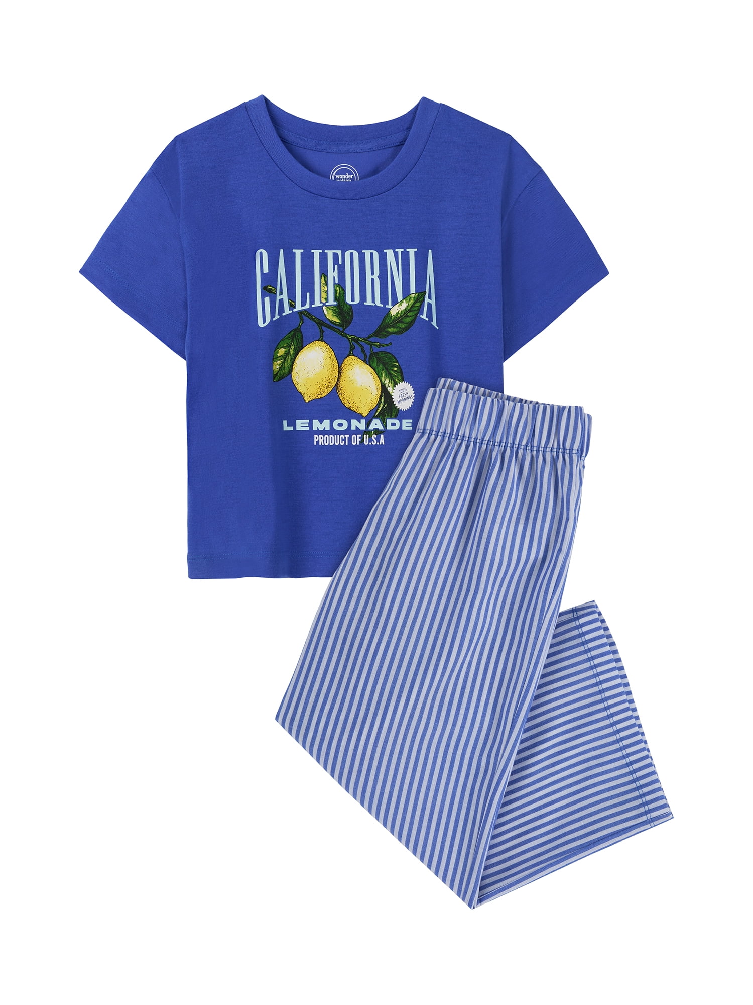 Wonder Nation Girls Short Sleeve Top and Woven Sleep Pant Pajama Set, 2-Piece, Sizes 4-18