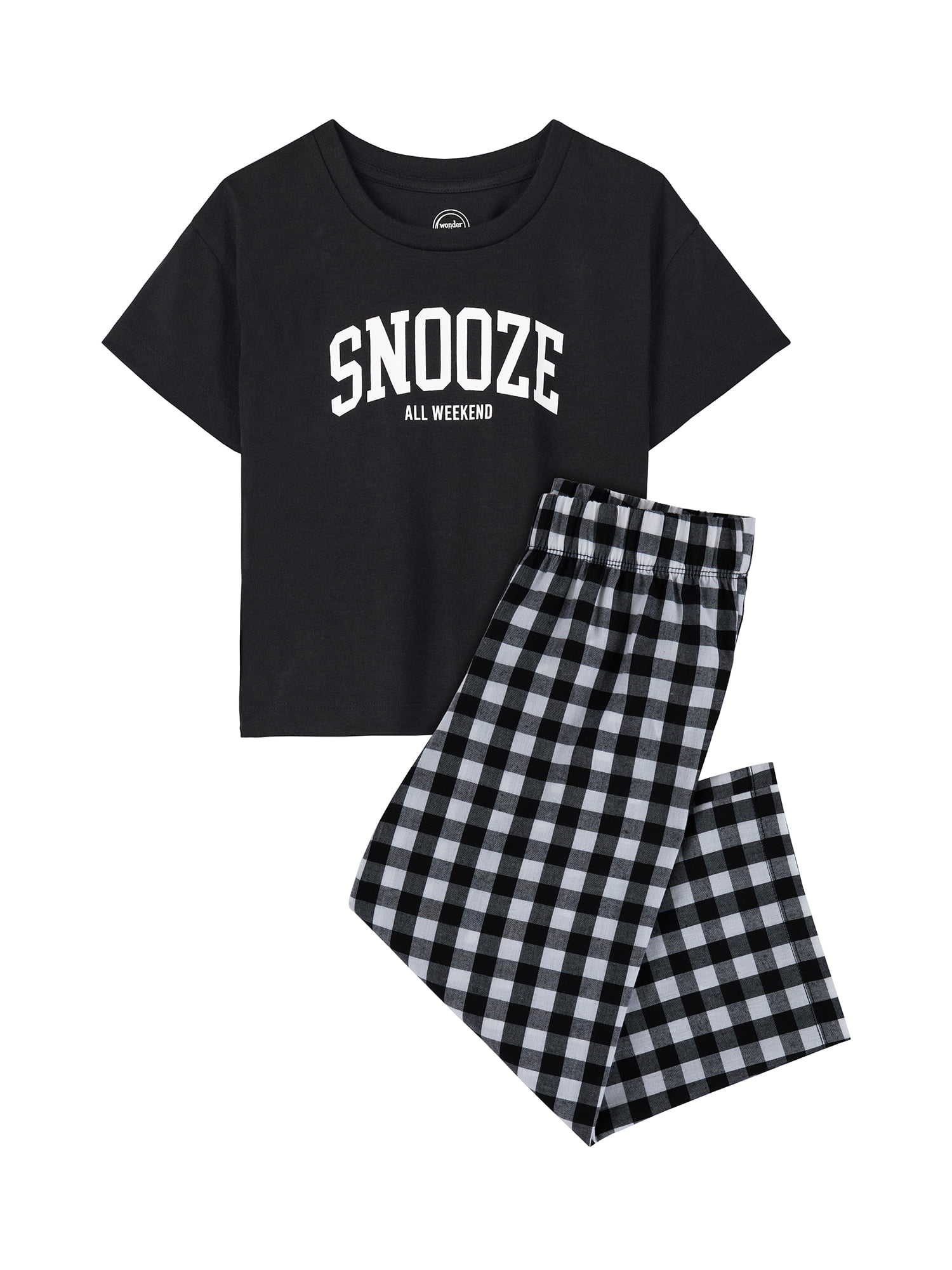 Wonder Nation Girls Short Sleeve Top and Woven Sleep Pant Pajama Set, 2-Piece, Sizes 4-18