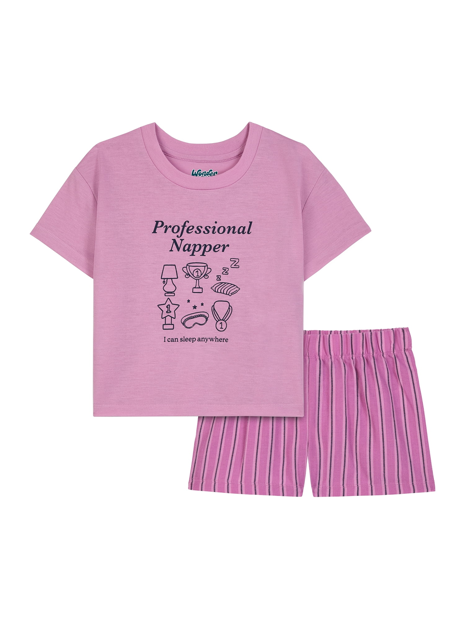 Wonder Nation Girls Short Sleeve Top and Woven Sleep Pant Pajama Set, 2-Piece, Sizes 4-18