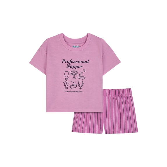 Wonder Nation Girls' Short Sleeve Graphic Tee and Flannel Boxer Short Pajama Set, 2-Piece, Sizes 4-18