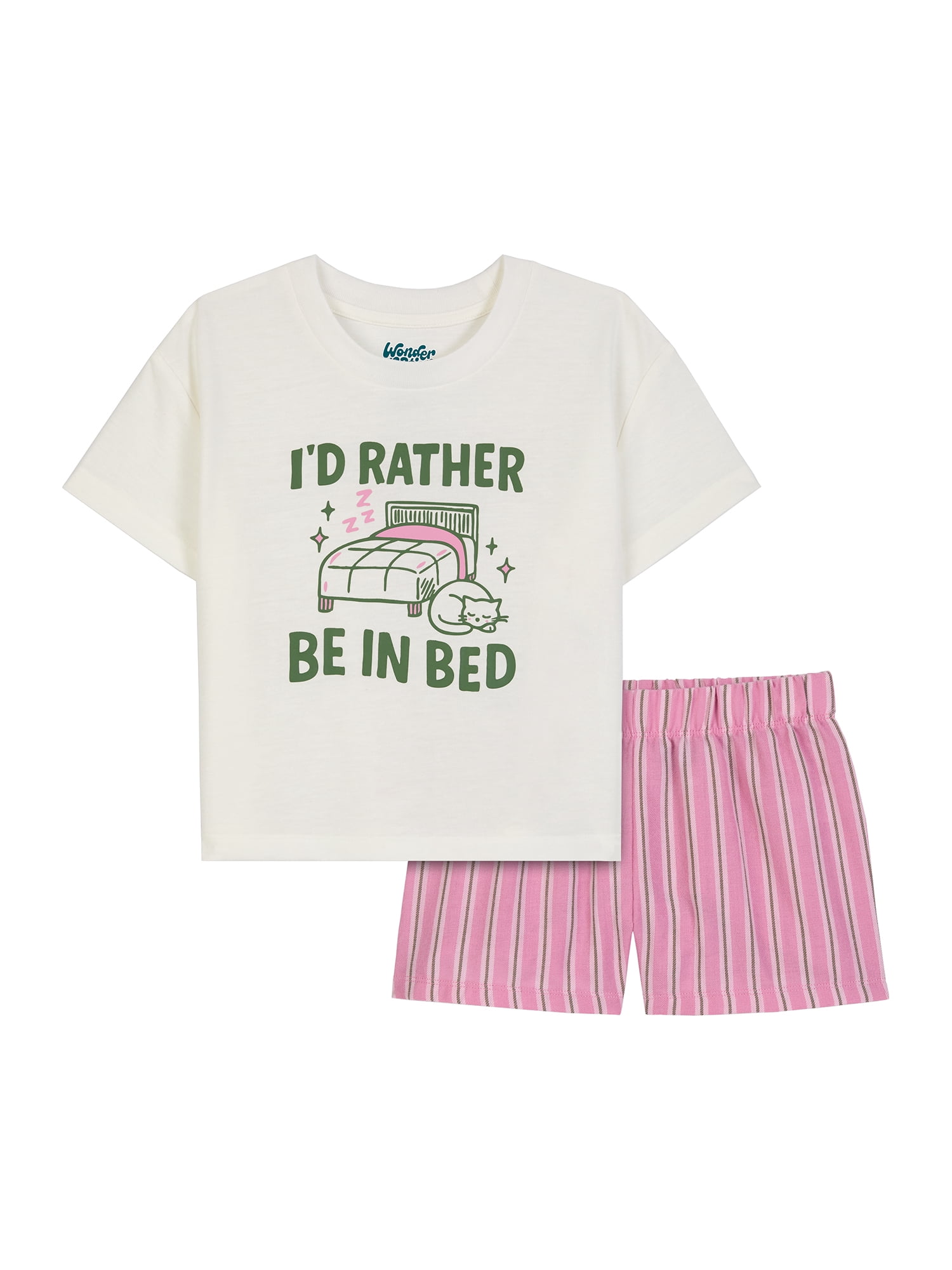 Wonder Nation Girls' Short Sleeve Graphic Tee and Flannel Boxer Short Pajama Set, 2-Piece, Sizes 4-18