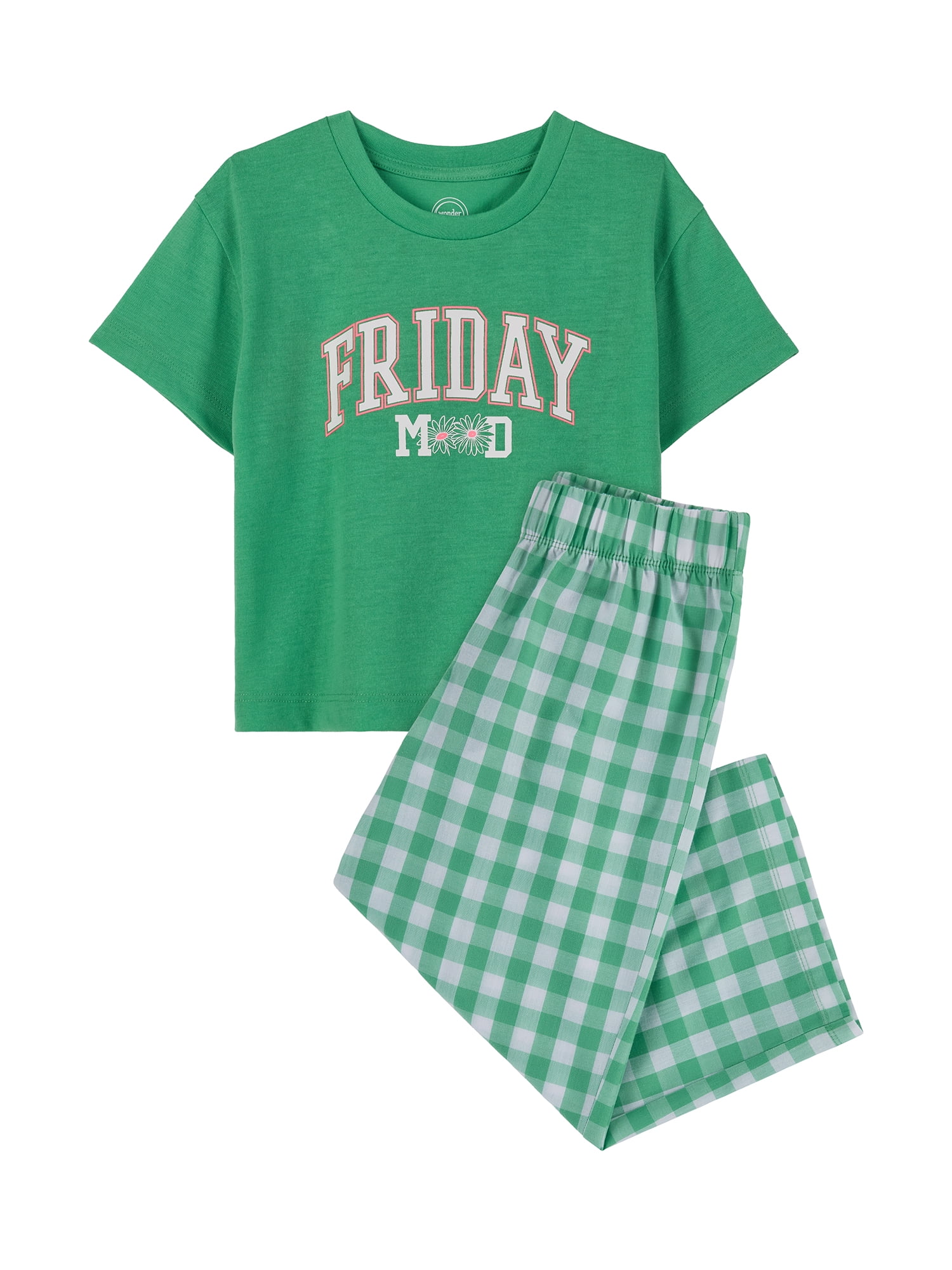 Wonder Nation Girls Short Sleeve Top and Woven Sleep Pant Pajama Set, 2-Piece, Sizes 4-18