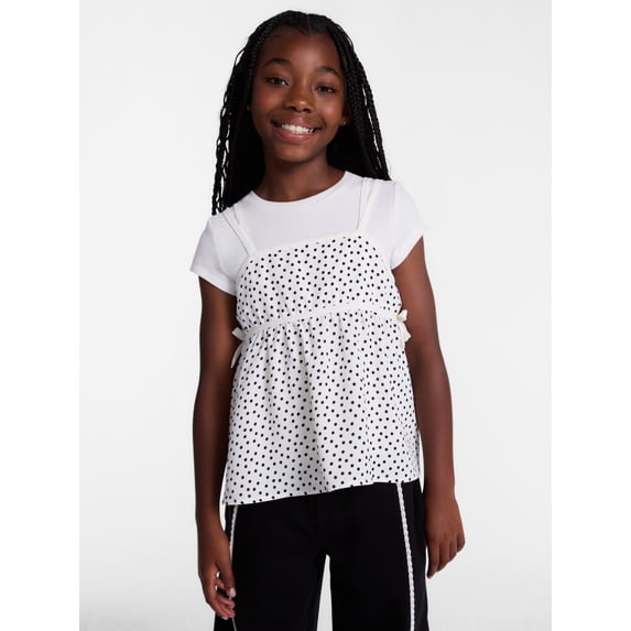 Wonder Nation Girls Layered Top with Short Sleeves, Sizes 4-18 & Plus