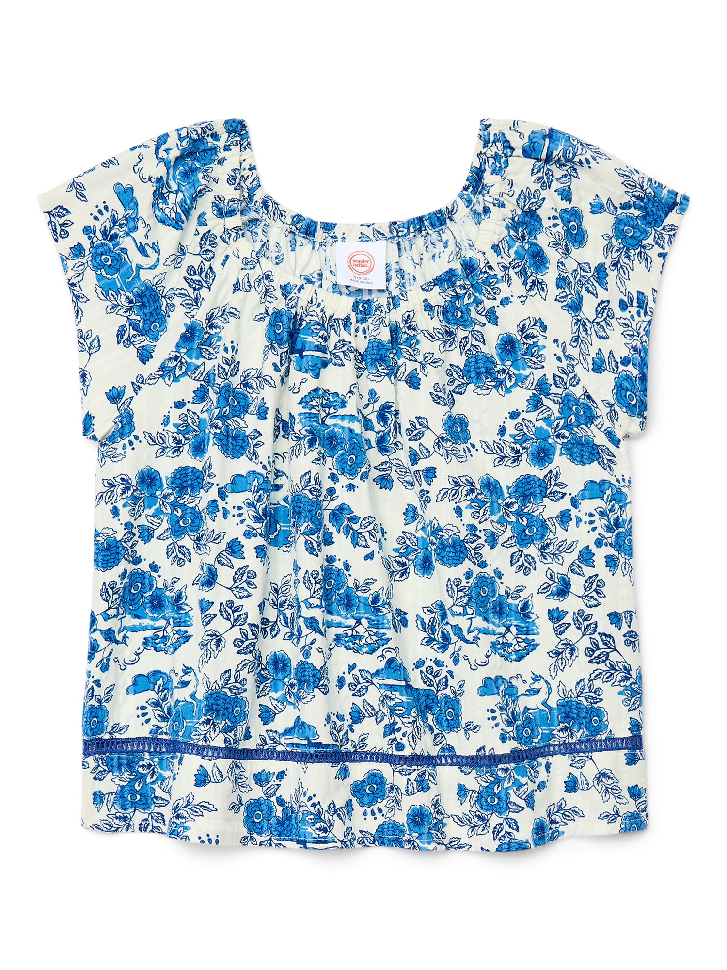 Wonder Nation Girls Short Sleeve Woven Babydoll Top, Sizes 4-18 & Plus