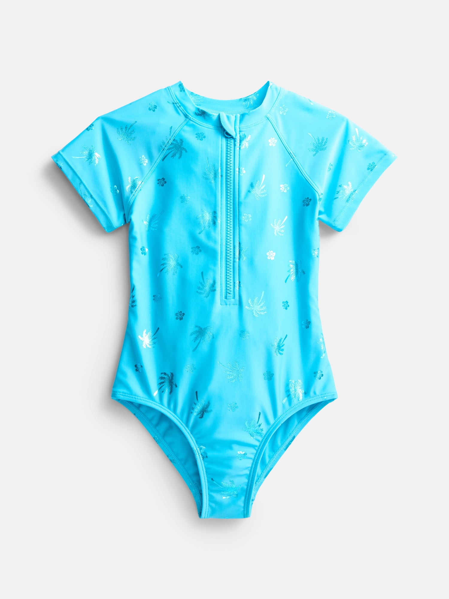 Wonder Nation Girls Zip Rash Guard Swimsuit with Short Sleeves, Sizes 4-16