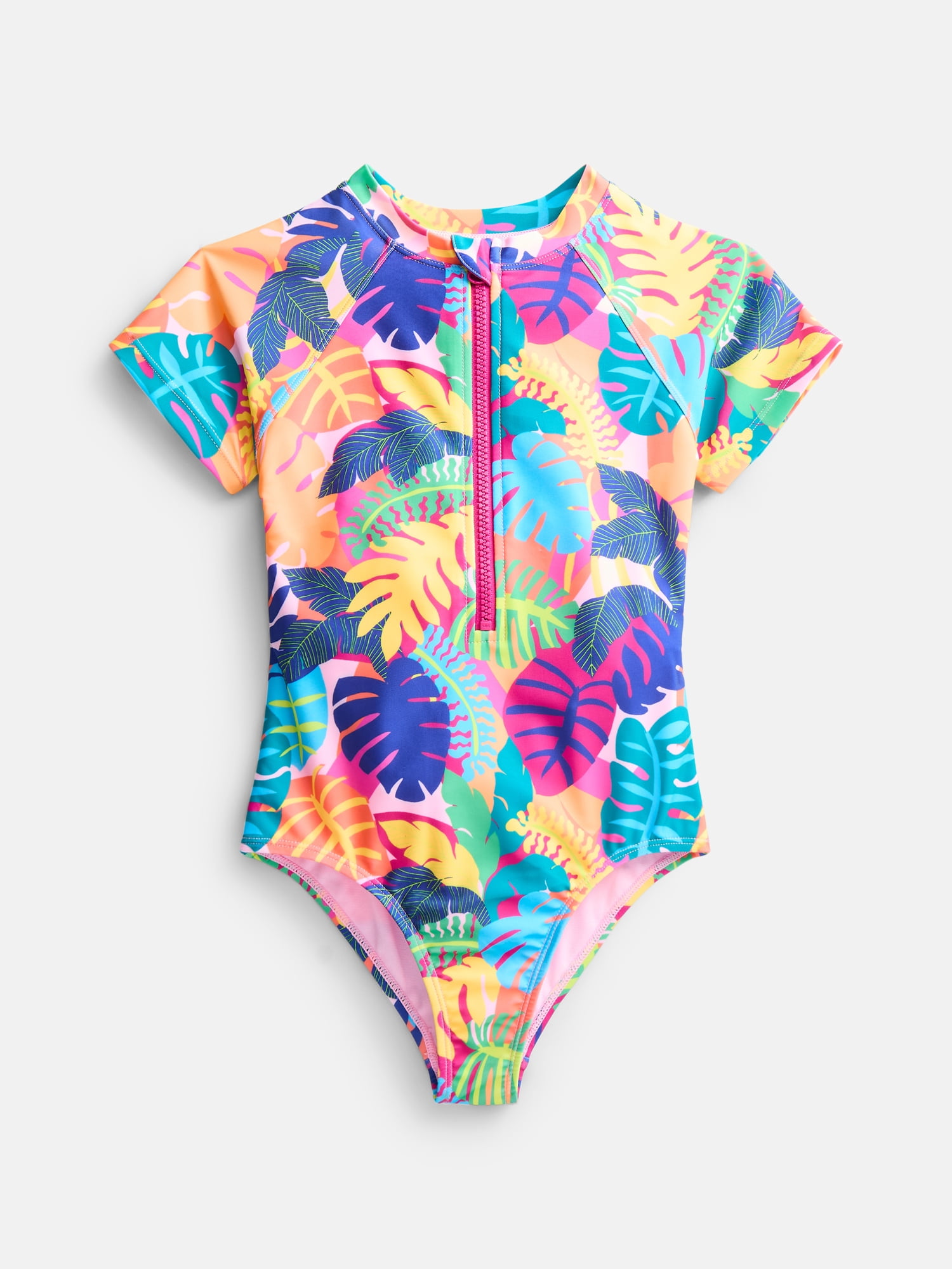 Wonder Nation Girls Zip Rash Guard Swimsuit with Short Sleeves, Sizes 4-16