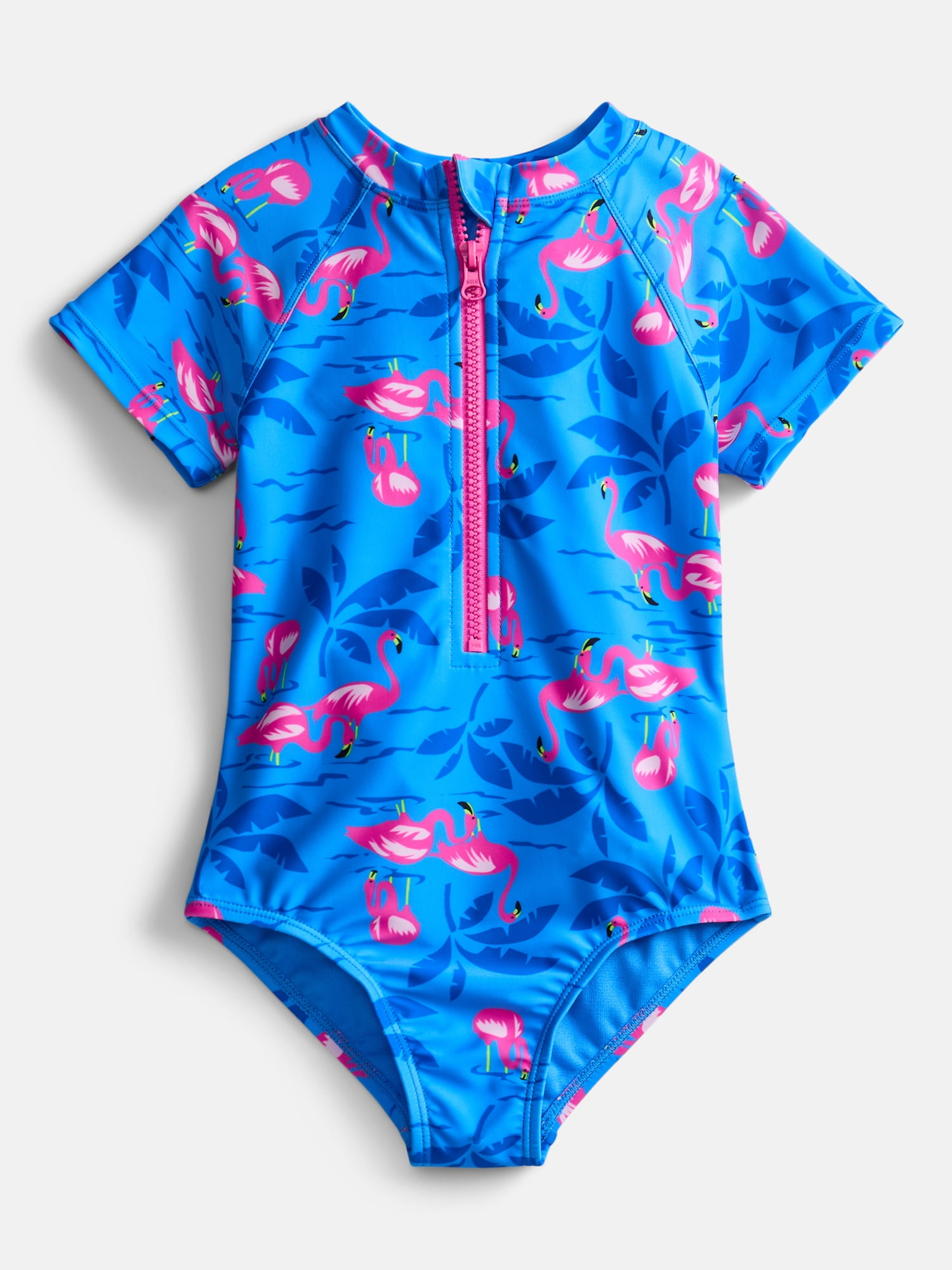 Wonder Nation Girls Zip-Up Rash Guard One-Piece Swimsuit with Short ...