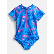 Girls Zip-Up Rash Guard One-Piece Swimsuit with Short Sleeves, Sizes 4-18