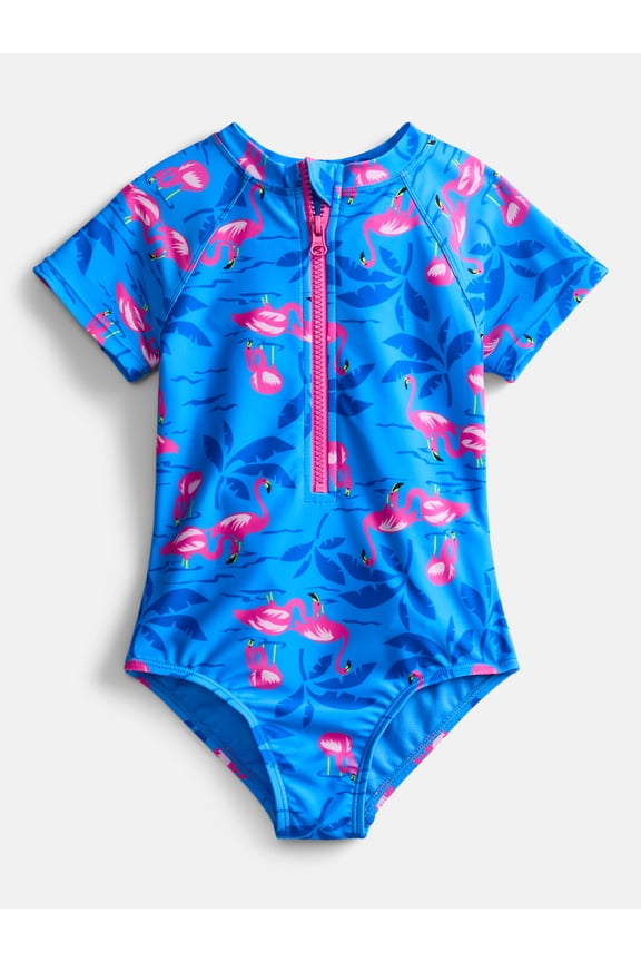 Girls Zip-Up Rash Guard One-Piece Swimsuit with Short Sleeves, Sizes 4-18