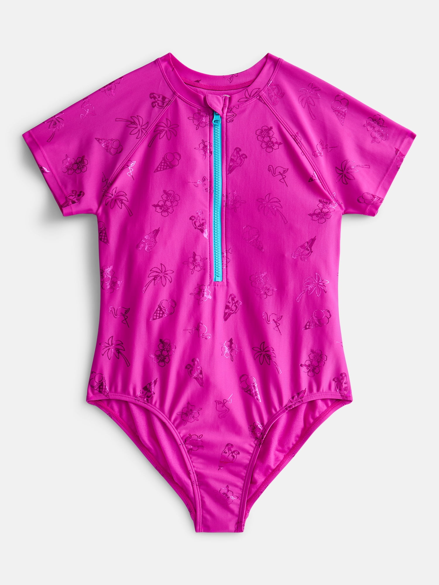 Wonder Nation Girls Zip-Up Rash Guard One-Piece Swimsuit with Short Sleeves, Sizes 4-18