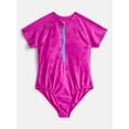 thumbnail image 1 of Wonder Nation Girls Zip-Up Rash Guard One-Piece Swimsuit with Short Sleeves, Sizes 4-18, 1 of 3