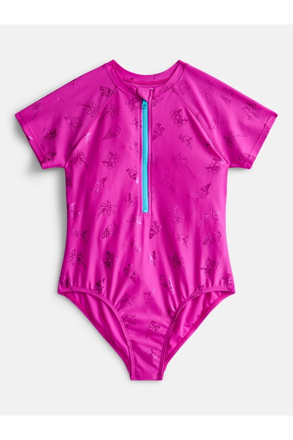 Girls Zip-Up Rash Guard One-Piece Swimsuit with Short Sleeves, Sizes 4-18