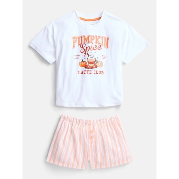 Wonder Nation Girls' Short Sleeve Graphic Tee and Flannel Boxer Short Pajama Set, 2-Piece, Sizes 4-18