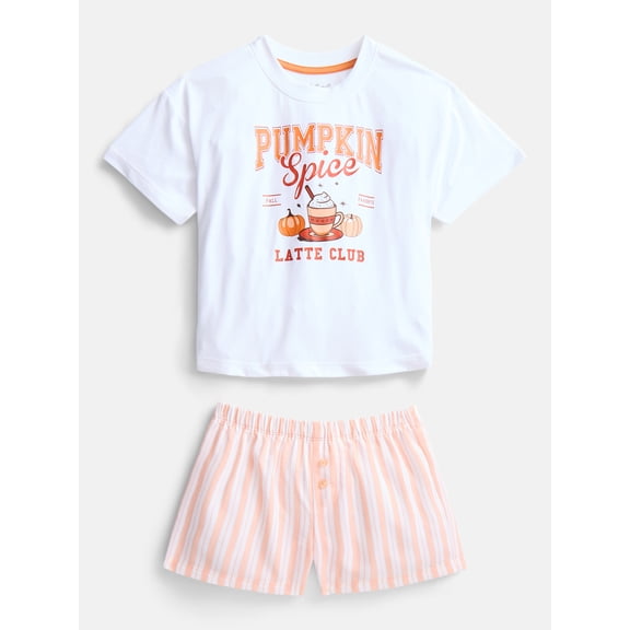 Wonder Nation Girls' Graphic Tee and Shorts Pajama Set, 2-Piece, Sizes 4-18