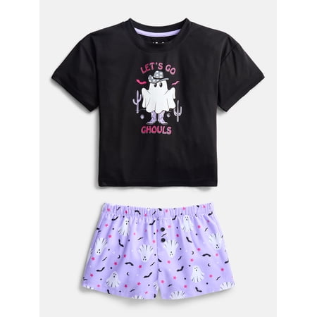 Wonder Nation Girls' Halloween Graphic Tee and Shorts Pajama Set, 2-Piece, Black Soot, Sizes 4-18