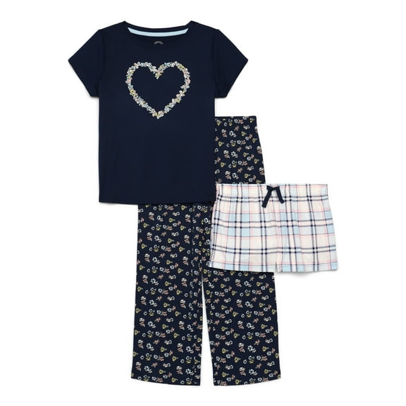 Wonder Nation Girls Short Sleeve Top with Shorts and Pants Pajama Set, 3-Piece, Sizes 4-18 Plus