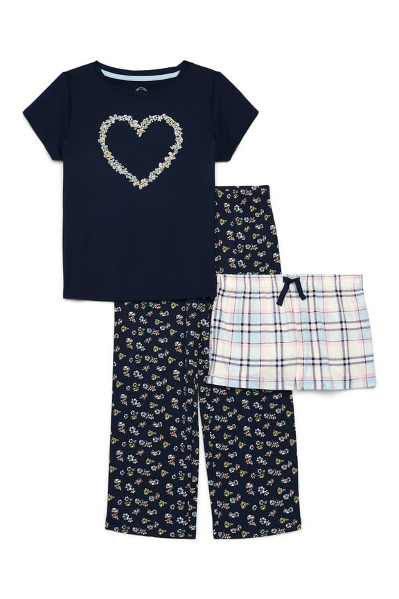 Girls Short Sleeve Top with Shorts and Pants Pajama Set, 3-Piece, Sizes 4-18 Plus