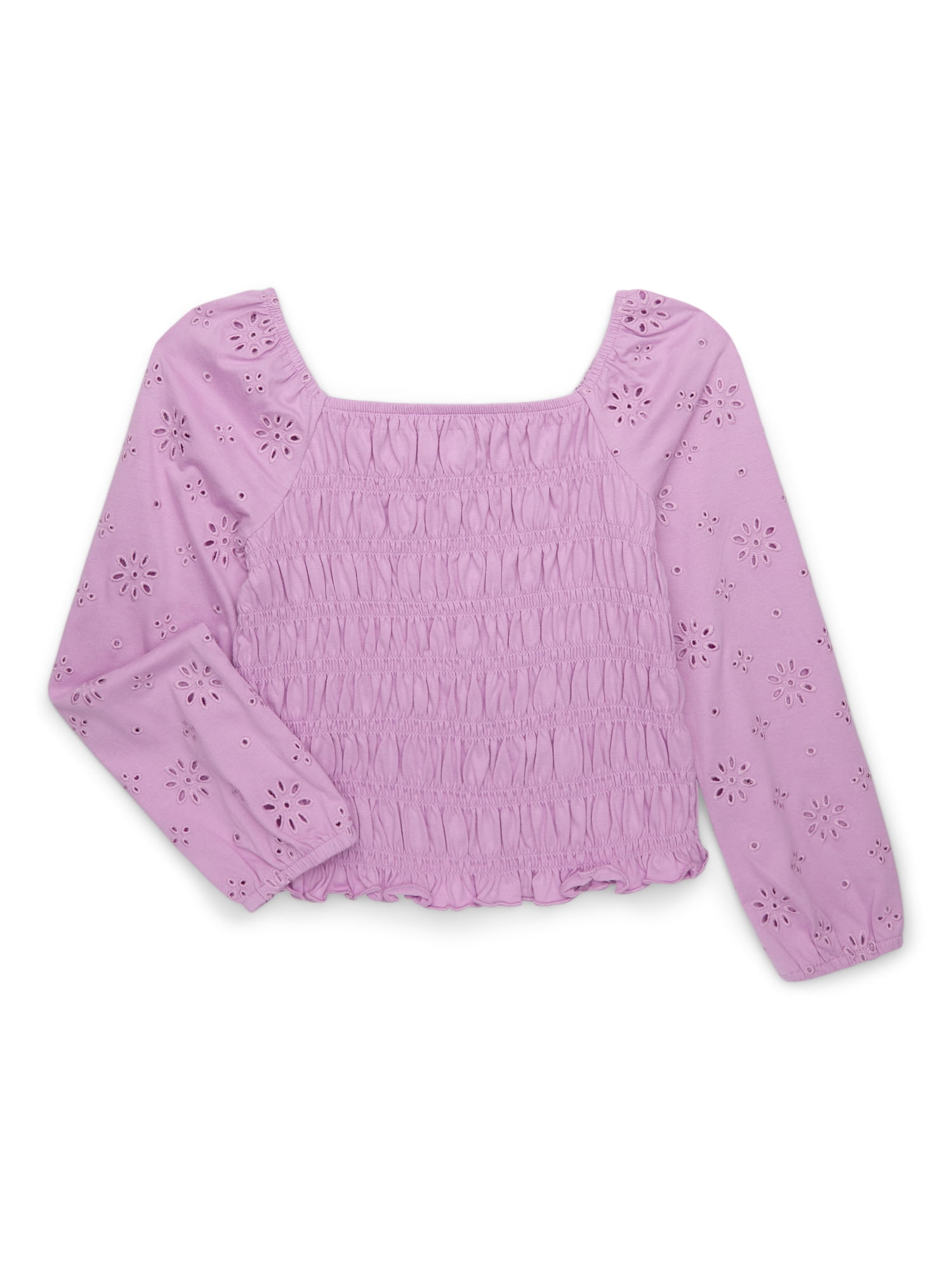 Wonder Nation Girls Smocked Eyelet Top with Long-Sleeves Wonder Nation Girls Smocked Eyelet Top with Long-Sleeves