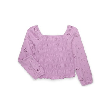 Wonder Nation Girls Smocked Eyelet Top with Long-Sleeves, Sizes 4-18 & Plus