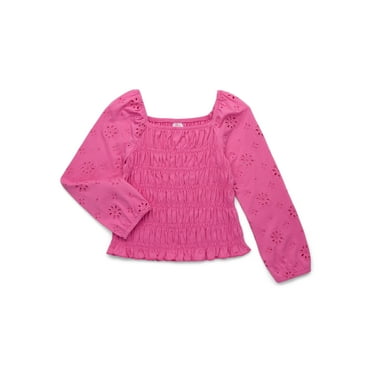 Wonder Nation Girls Smocked Eyelet Top with Long Sleeves, Sizes 4-18 & Plus